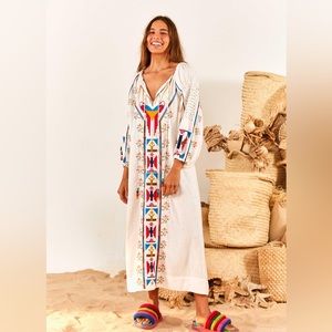 FARM Rio White macaw embroidered maxi dress